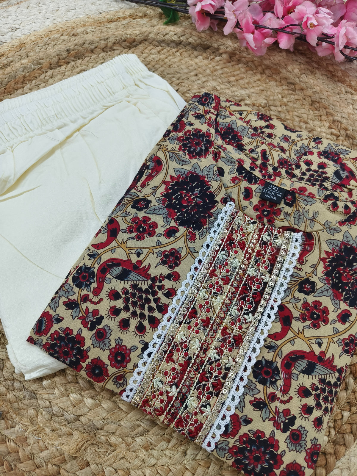 Elegant cream with brown Printed Ethnic Kurti Set