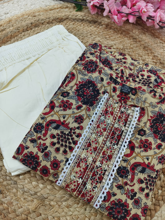 Elegant cream with brown Printed Ethnic Kurti Set