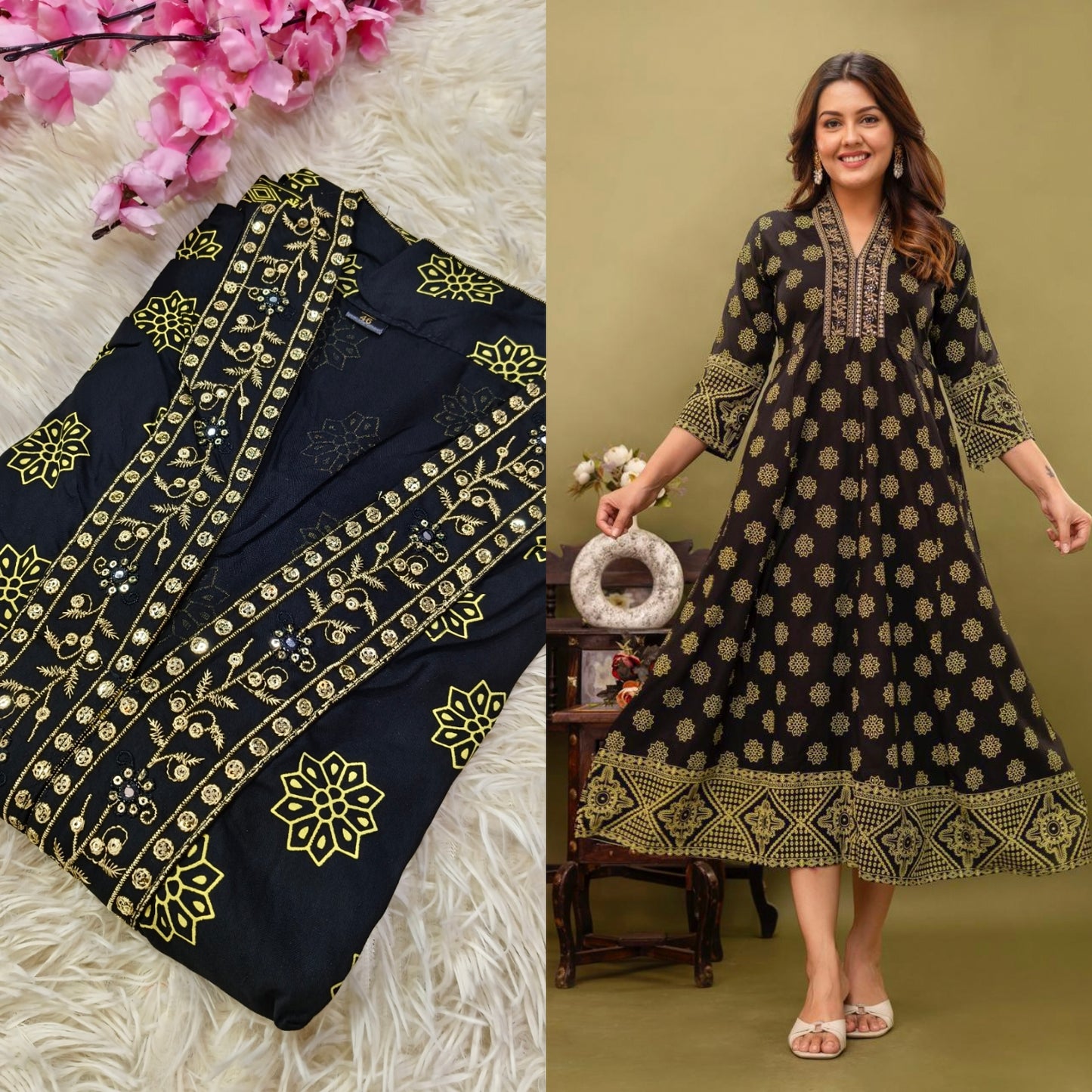 Black Cotton Anarkali Top