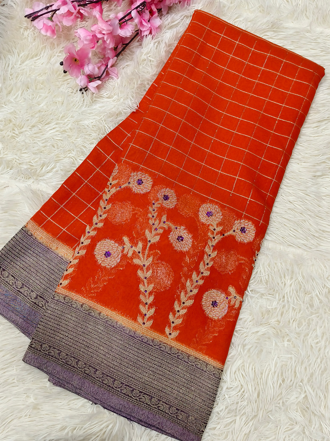 Orange semi Mysore crepe silk saree