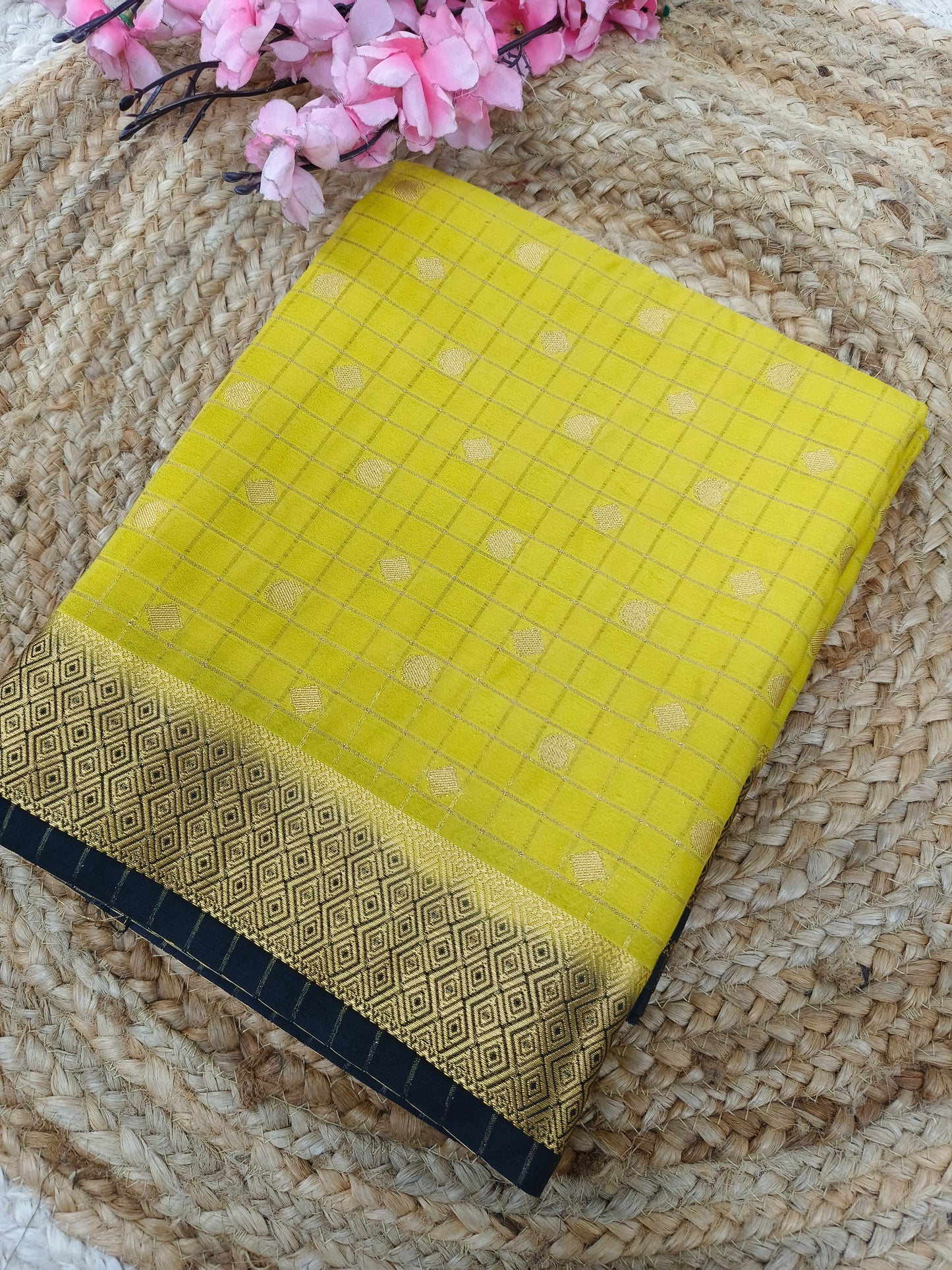 Mehandi Green with bottle green Semi Mysore silk