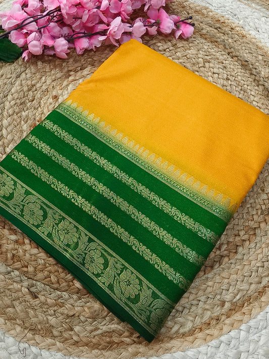 Yellow With Green semi Mysore crepe silk saree