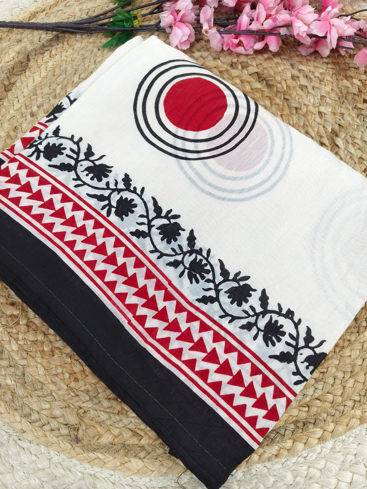 Pristine White Hand Block Printed Cotton Saree with black Floral & Geometric Border