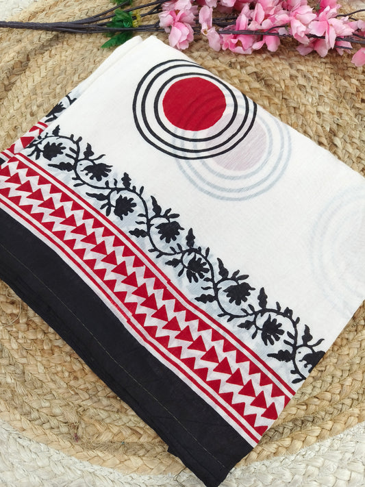 Pristine White Hand Block Printed Cotton Saree with black Floral & Geometric Border