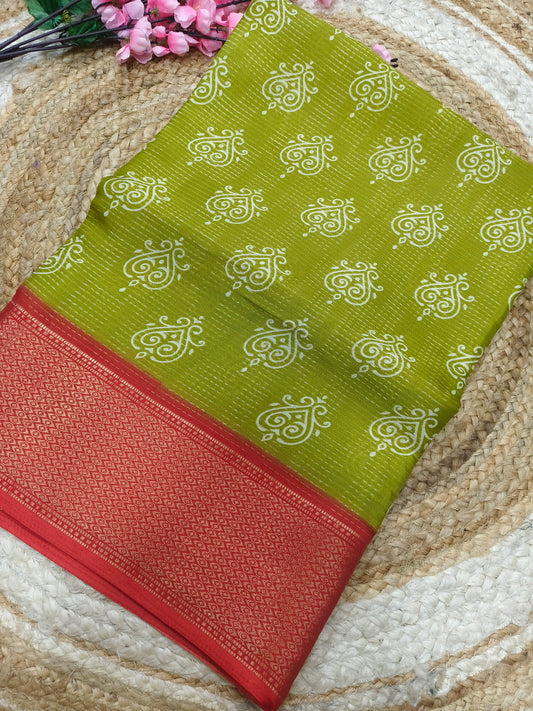 Parrot green with red Binny silk saree