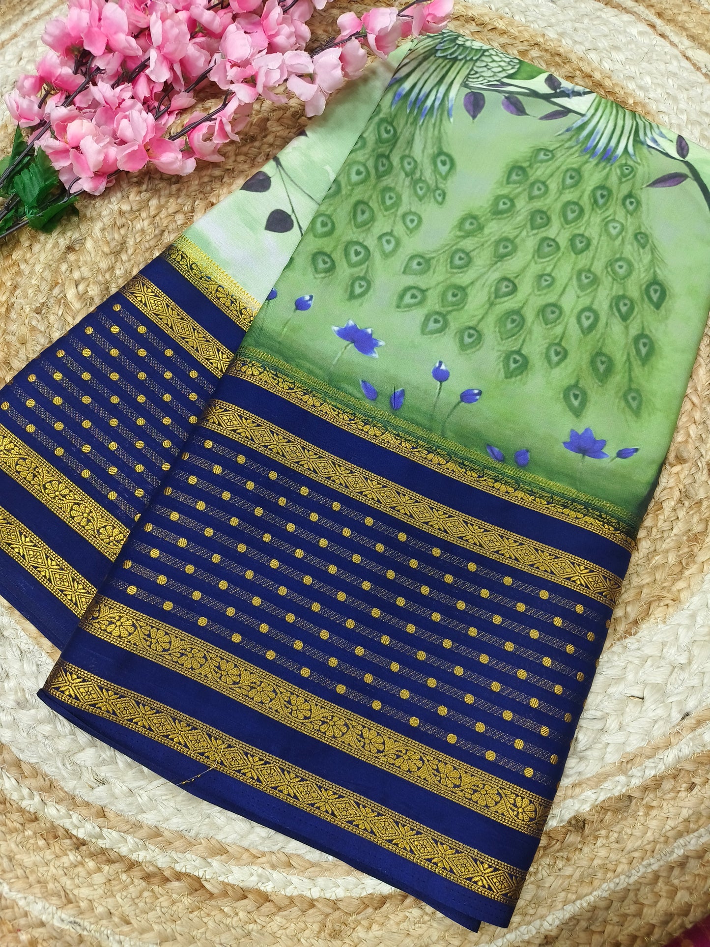 Green with Neavy blue  Digital peacock printed semi Mysore crepe silk saree