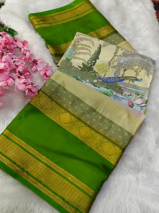 Leaf Green Digital printed semi Mysore crepe silk saree