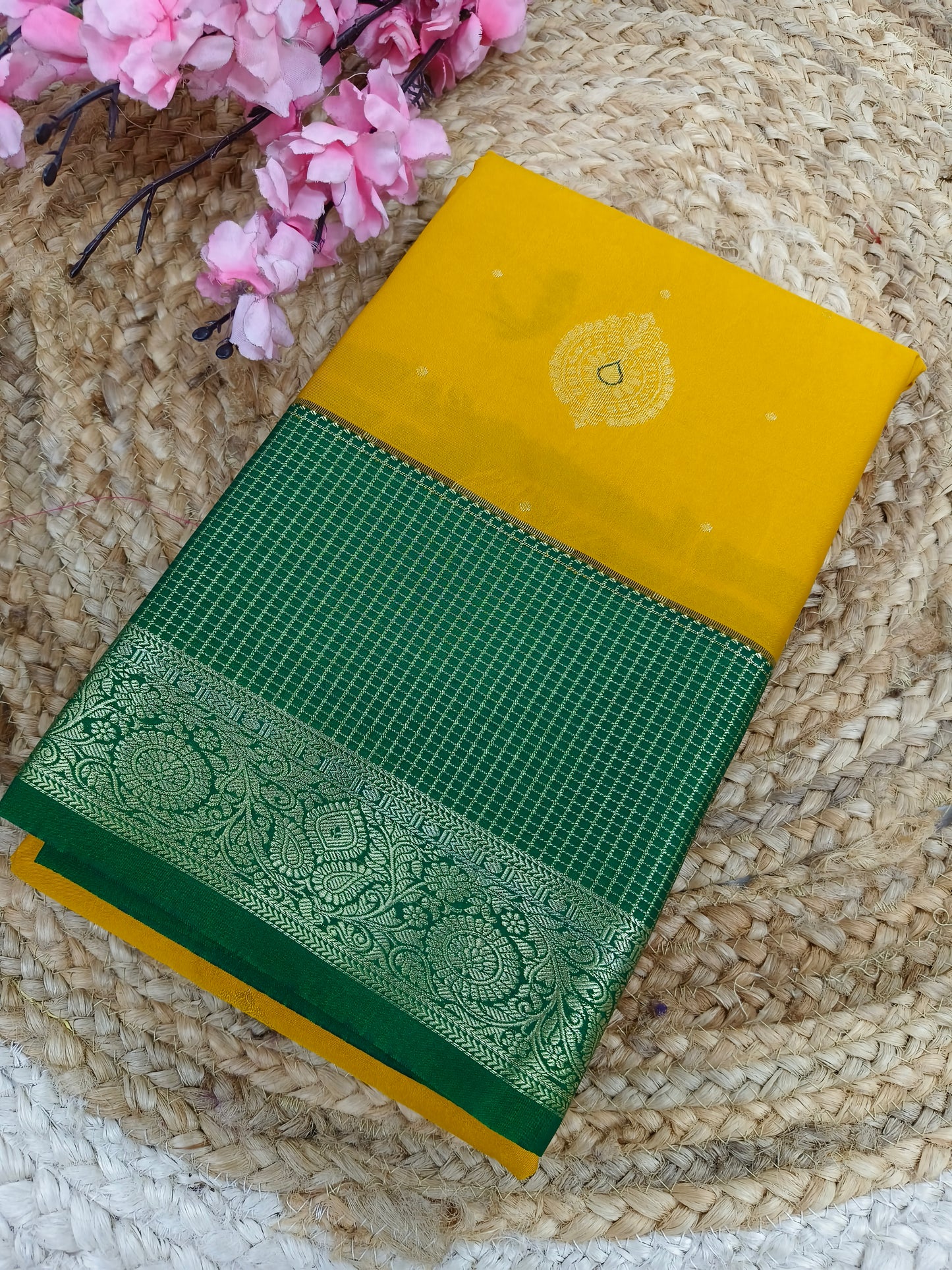 Yellow with bottle green Elegant semi kanjivaram silk saree