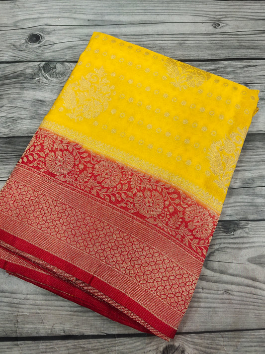 Yellow with Red khaddi Georgette saree