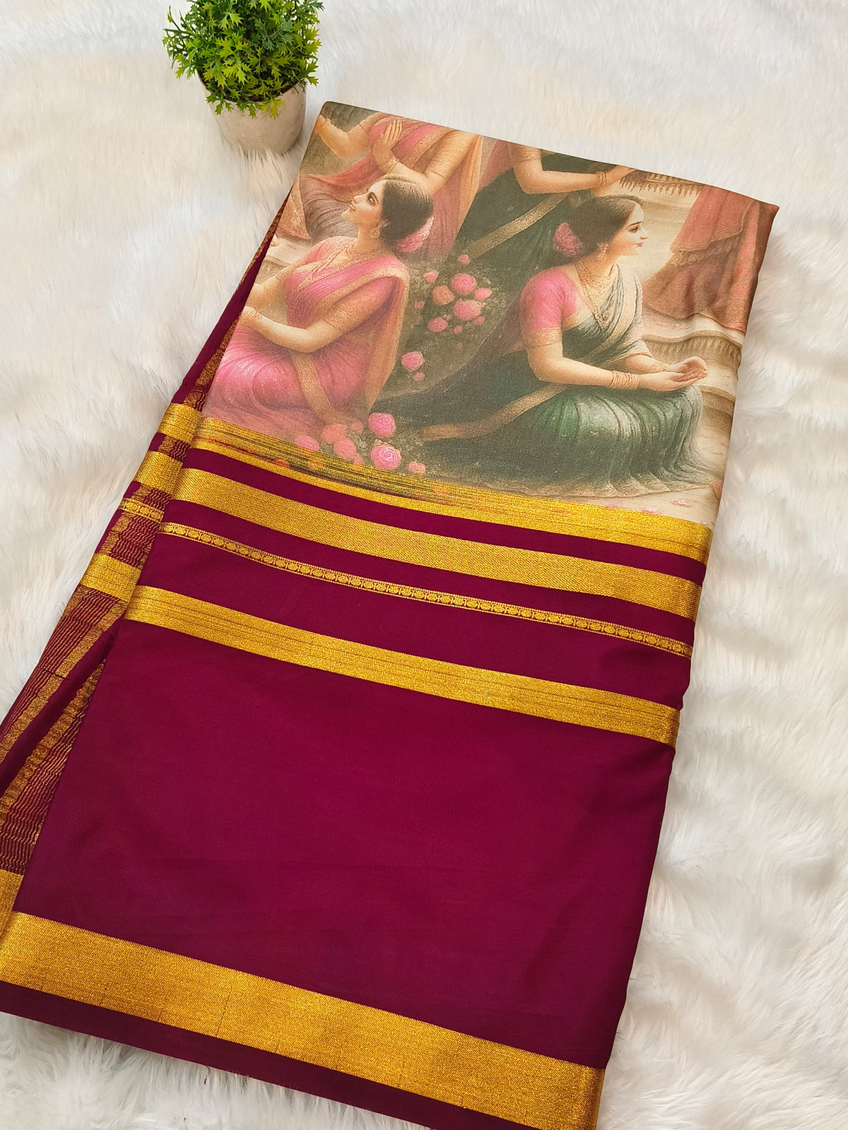 Wine printed semi Mysore crepe silk saree