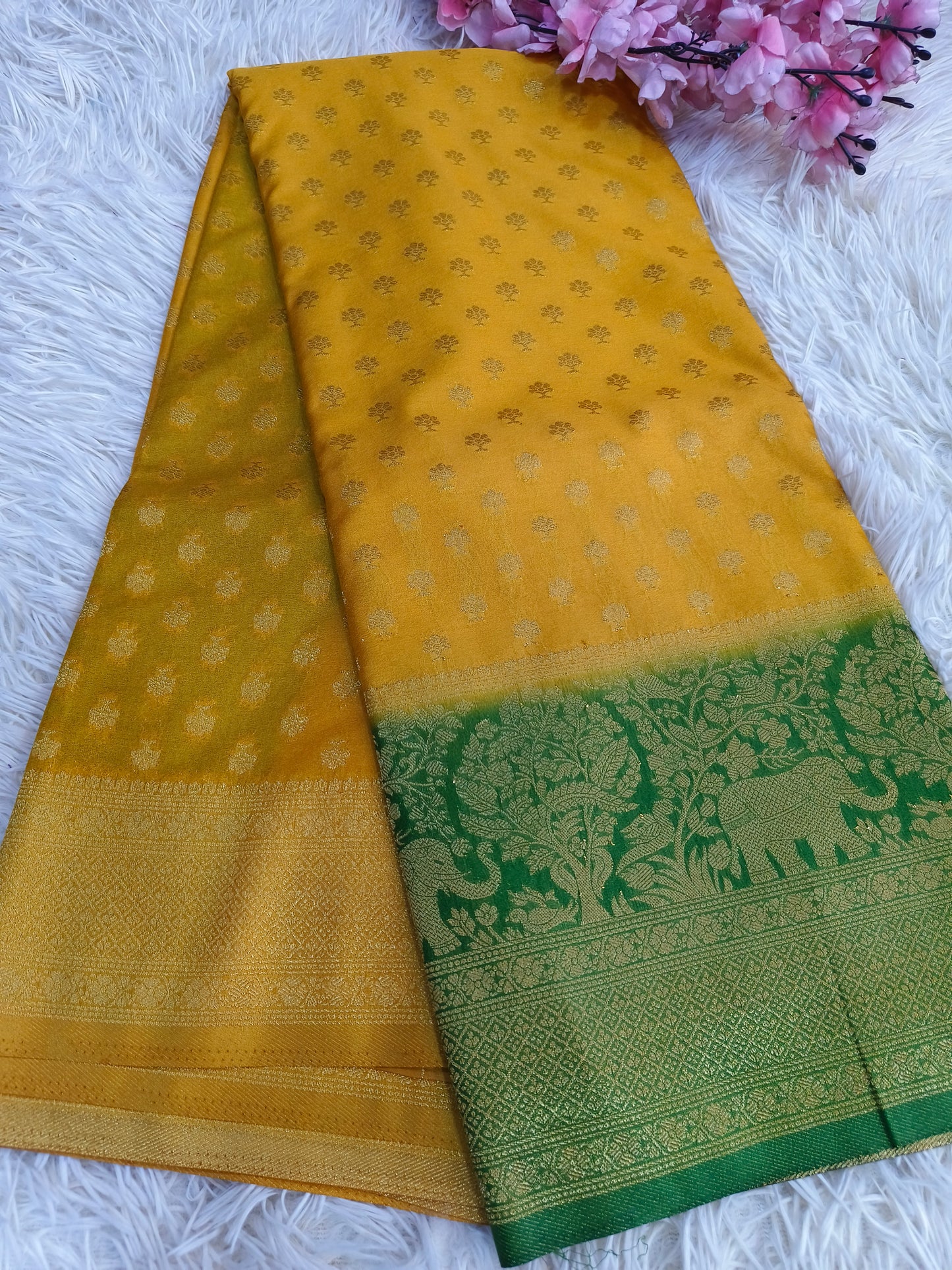 Mehendi yellow with green Banarasi georgette silk saree