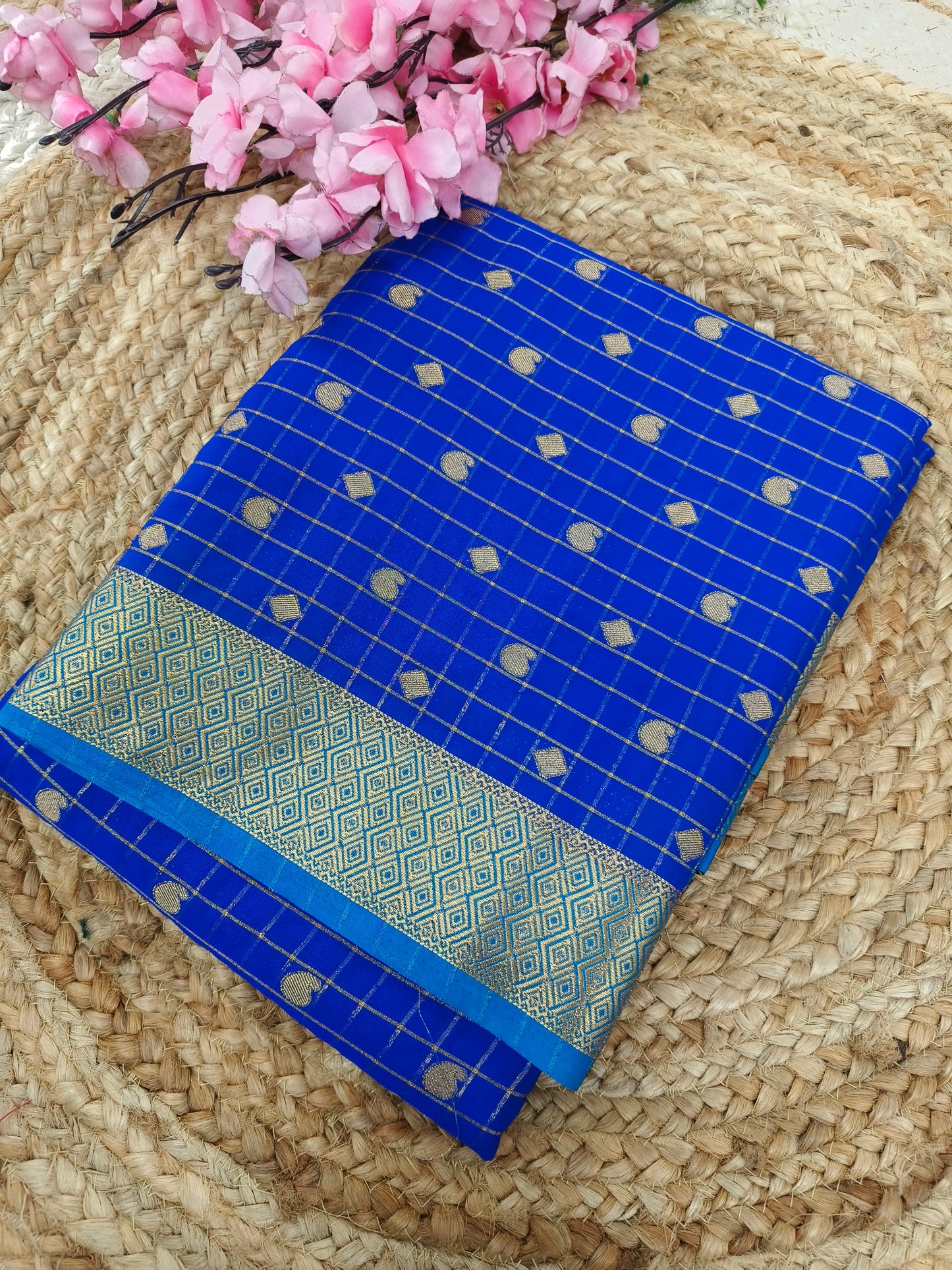 Royal blue with blue Semi Mysore silk