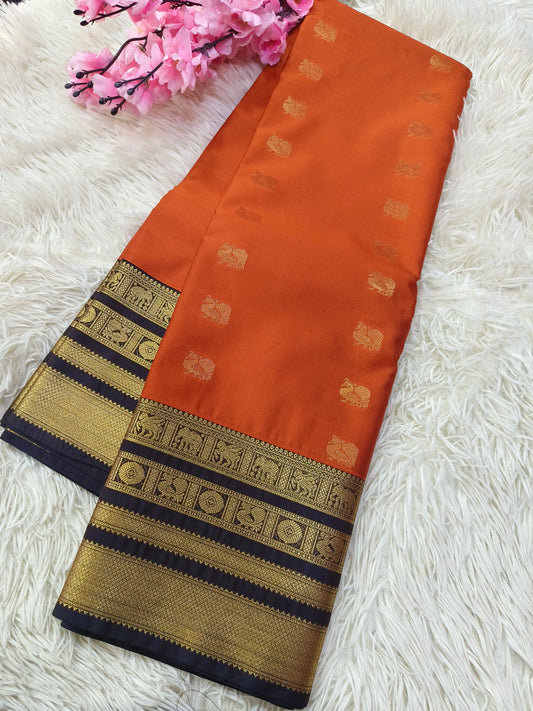 Rustic Orange With Black Semi kanjivaram silk saree