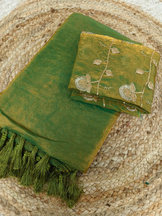 Metallic green designer saree