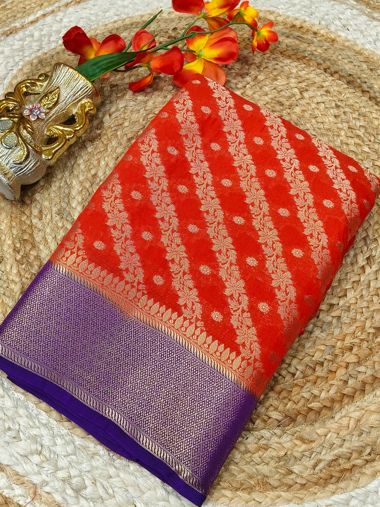 orange with purple Banarasi Georgette silk saree