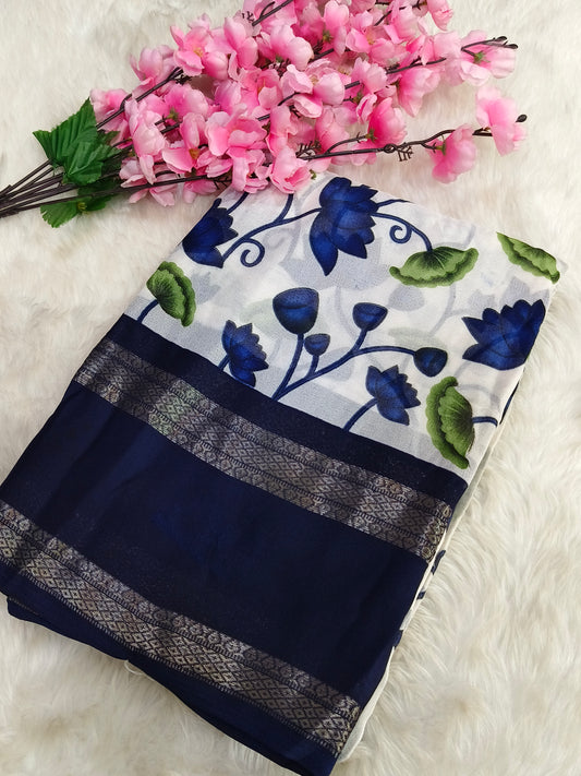 Neavy blue with white  moss chiffon saree