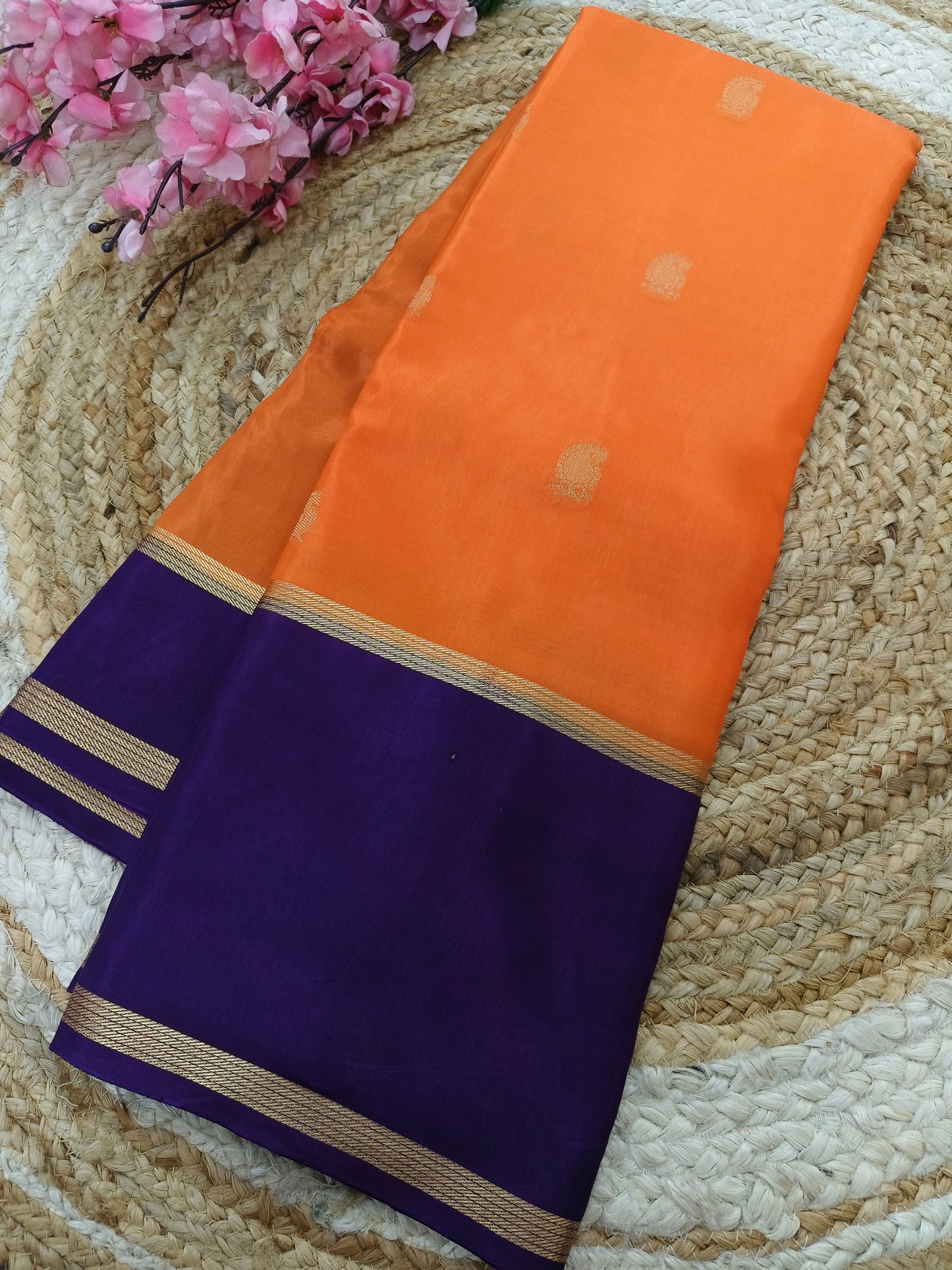 Bright orange with purple Munga silk saree