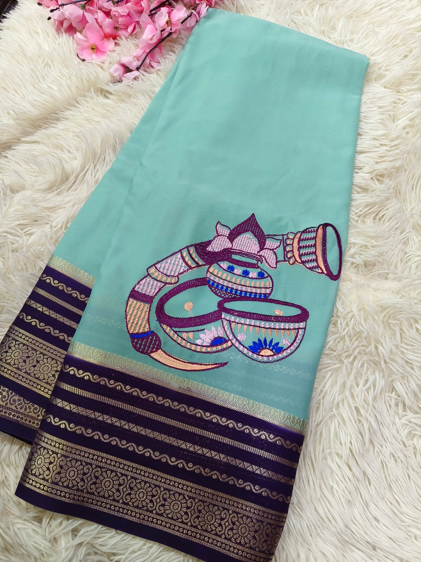 Light Blue With Purple semi Mysore crepe Silk saree