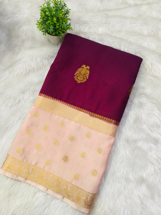 Wine with Light Cream Semi Mysore crepe silk saree