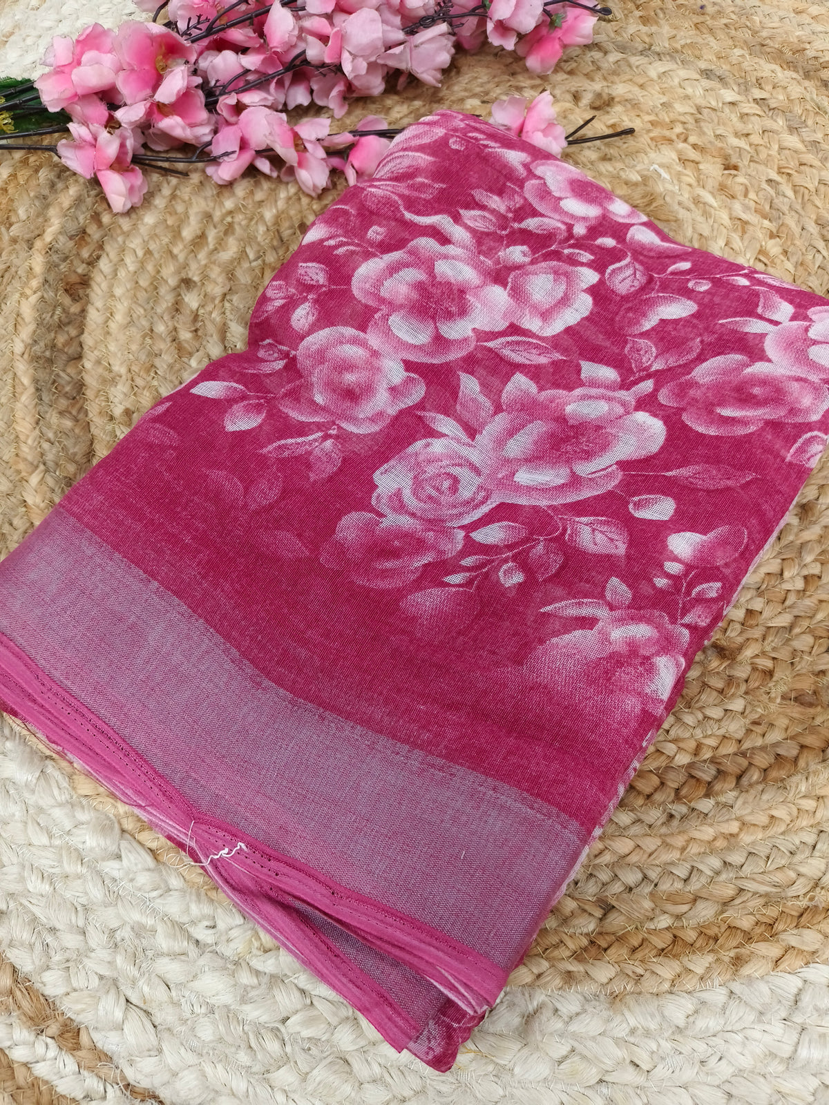 Rani pink  Lenin Cotton saree