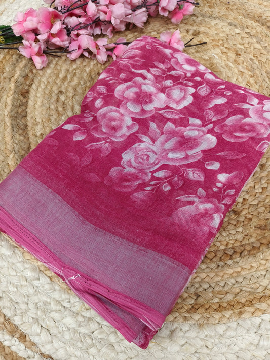 Rani pink  Lenin Cotton saree