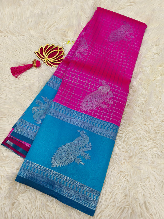 Rani pink aqua blue Mercidised silk saree