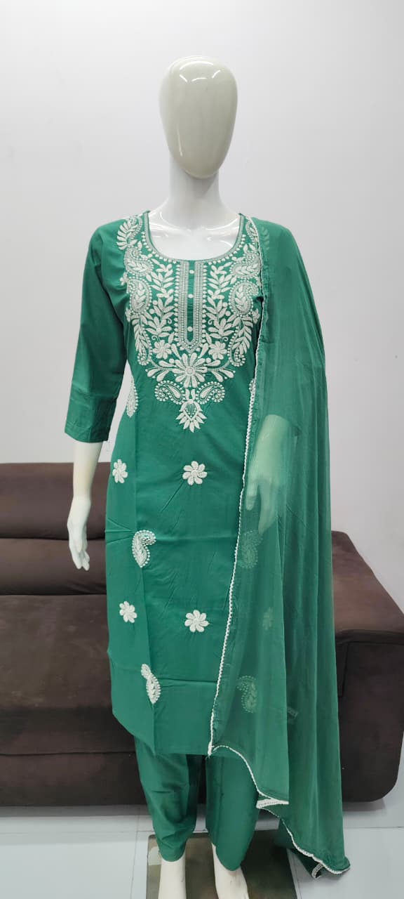 Pista Green designer chickankari work salwar suit