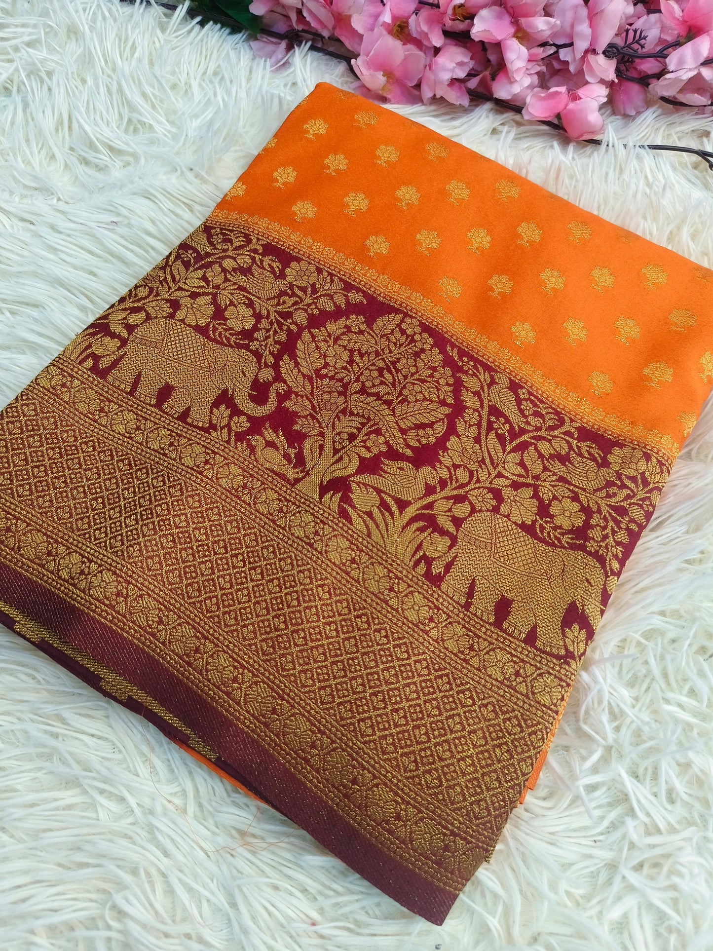 Orange with maroon Banarasi georgette silk saree