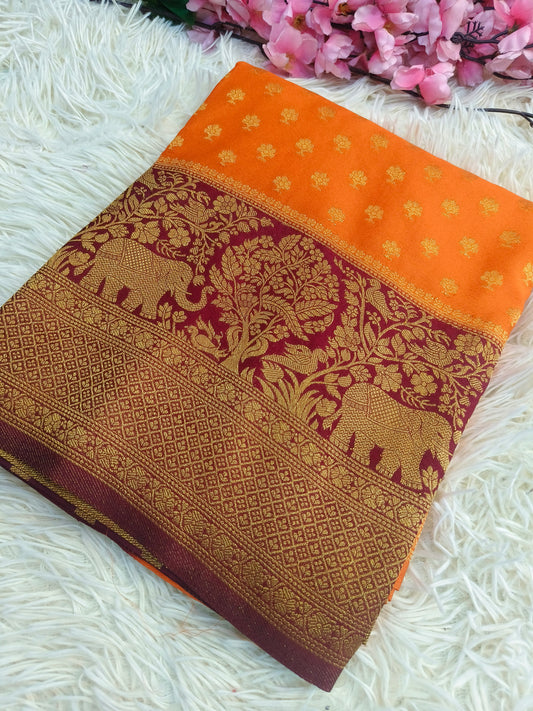 Orange with maroon Banarasi georgette silk saree