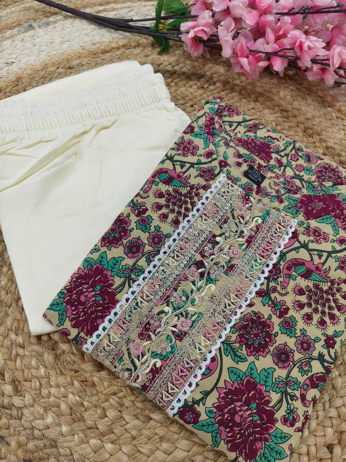 Elegant wine with cream Printed Ethnic Kurti Set