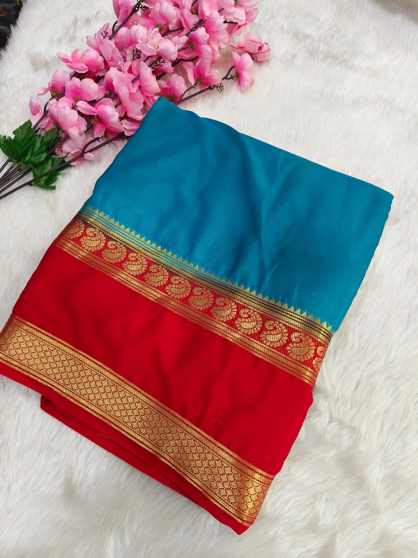 Blue with Red semi Mysore crepe silk saree