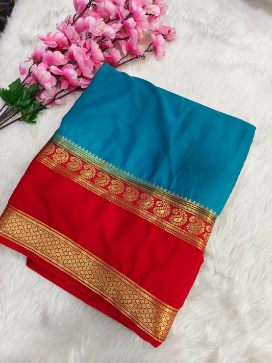 Blue with Red semi Mysore crepe silk saree