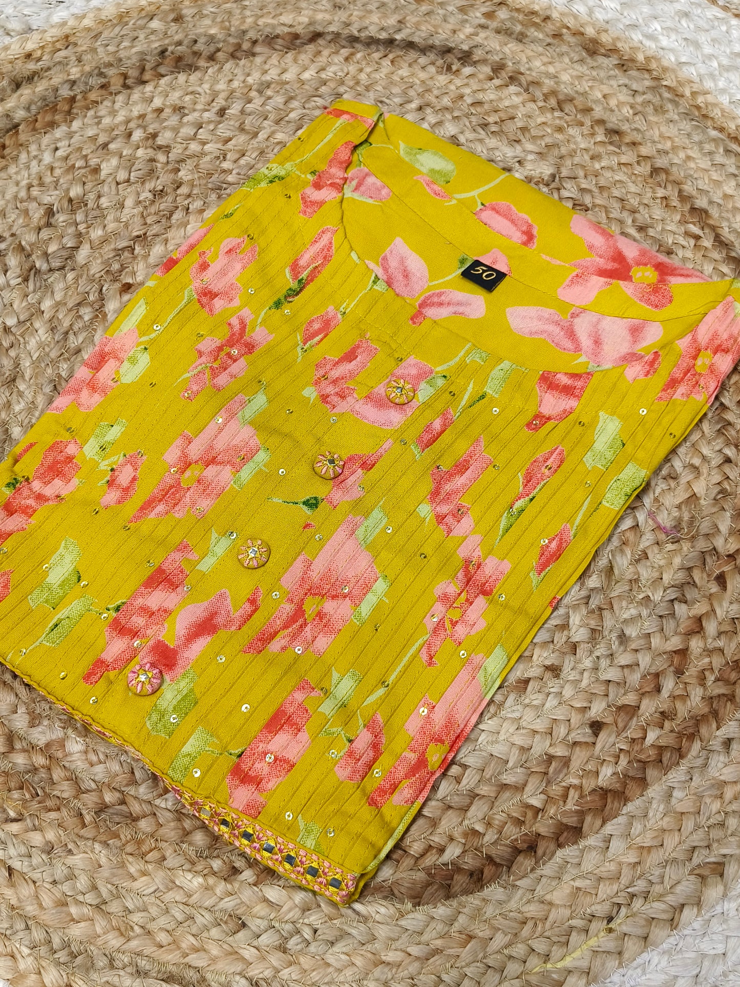 Yellow Reyon straight cut Kurti