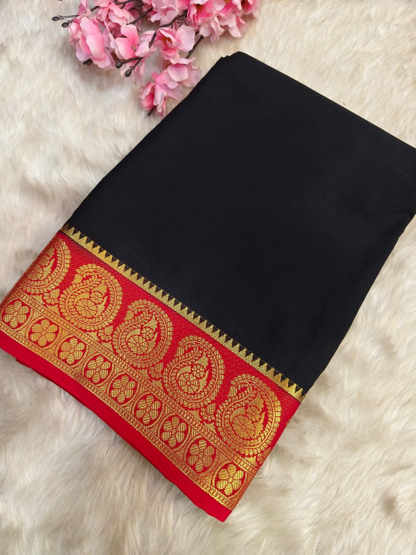 Black With Red semi Mysore crepe silk saree