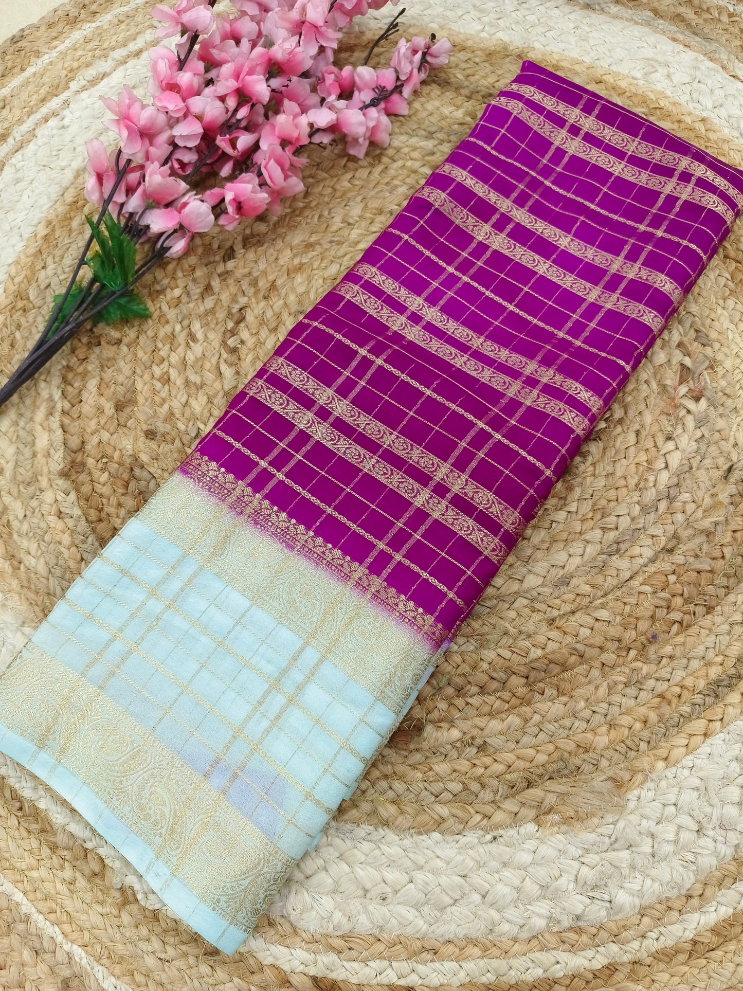 Wine with mint blue Georgette saree