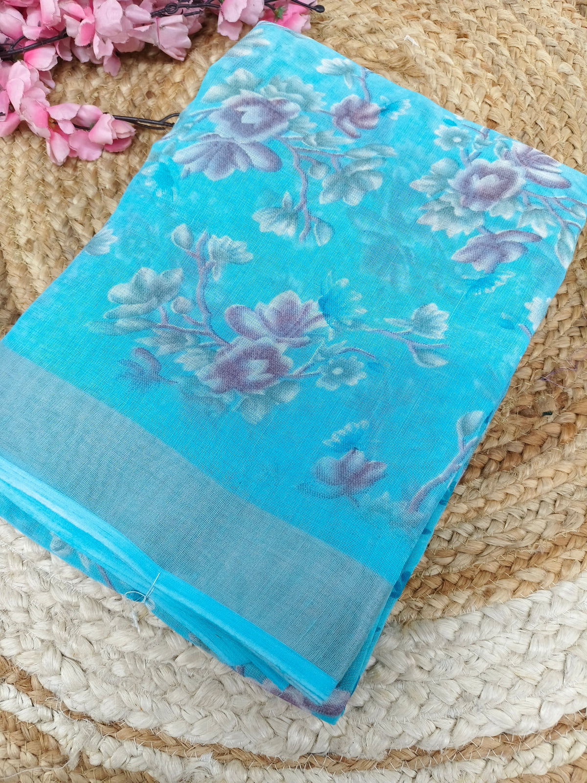 Light blue  Lenin Cotton saree