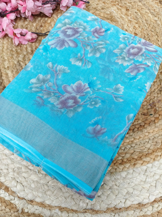 Light blue  Lenin Cotton saree