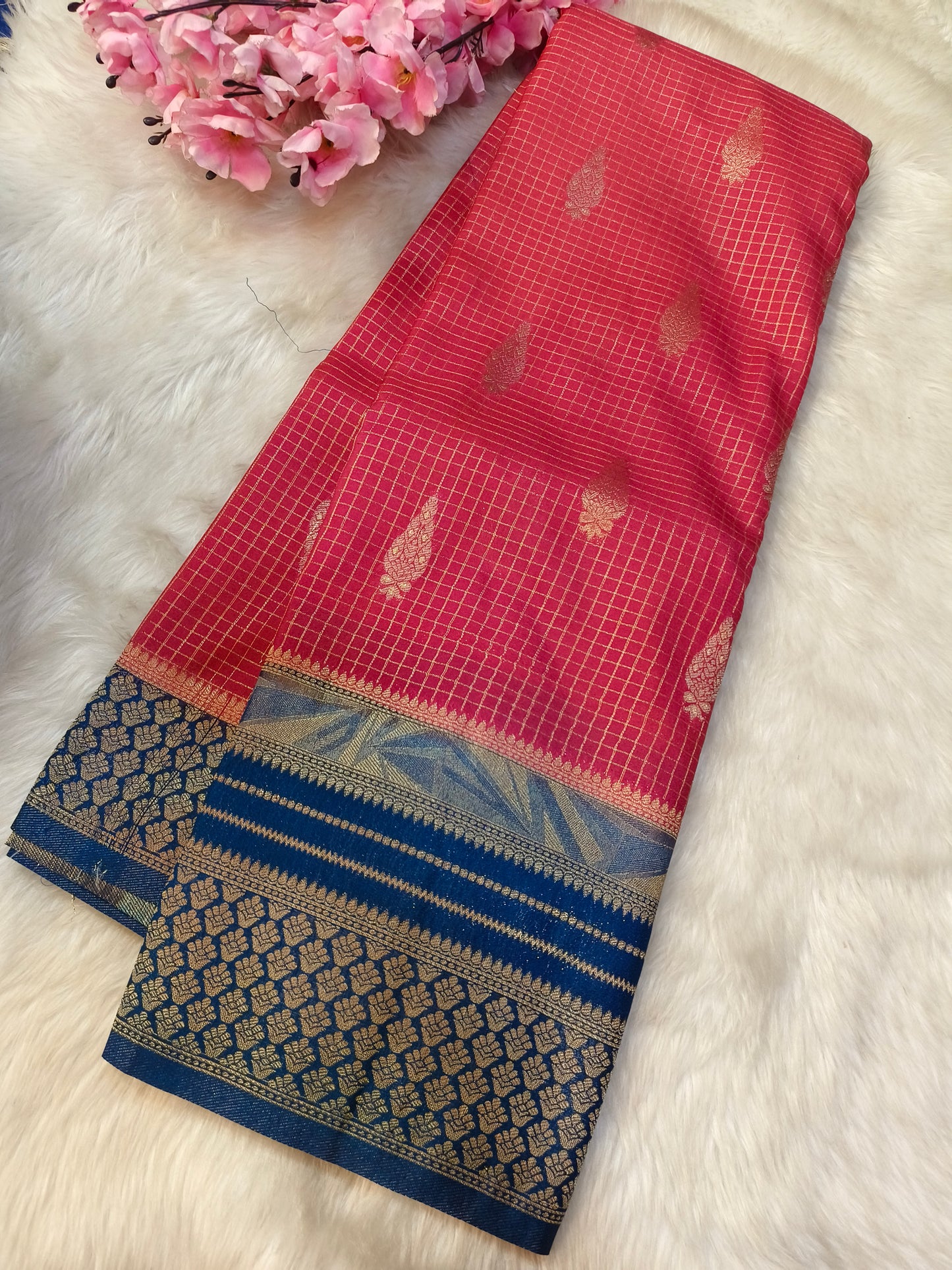 Rani Pink with blue georgette crepe silk saree