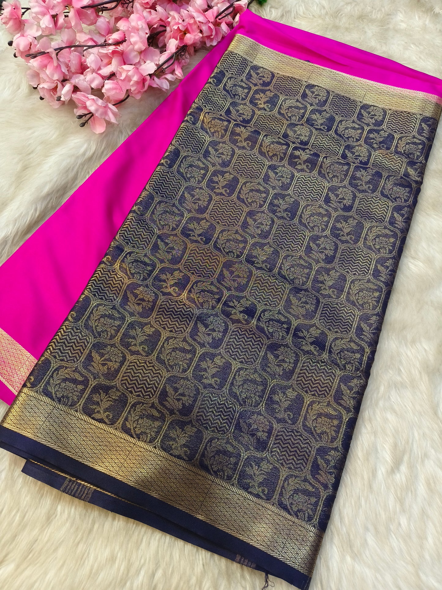 Pink with purple semi Mysore crepe silk saree