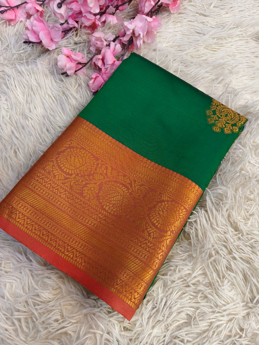 Green with Red Soft semi silk saree