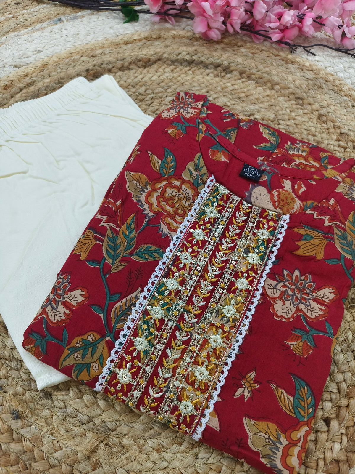 Elegant Red with cream Printed Ethnic Kurti Set