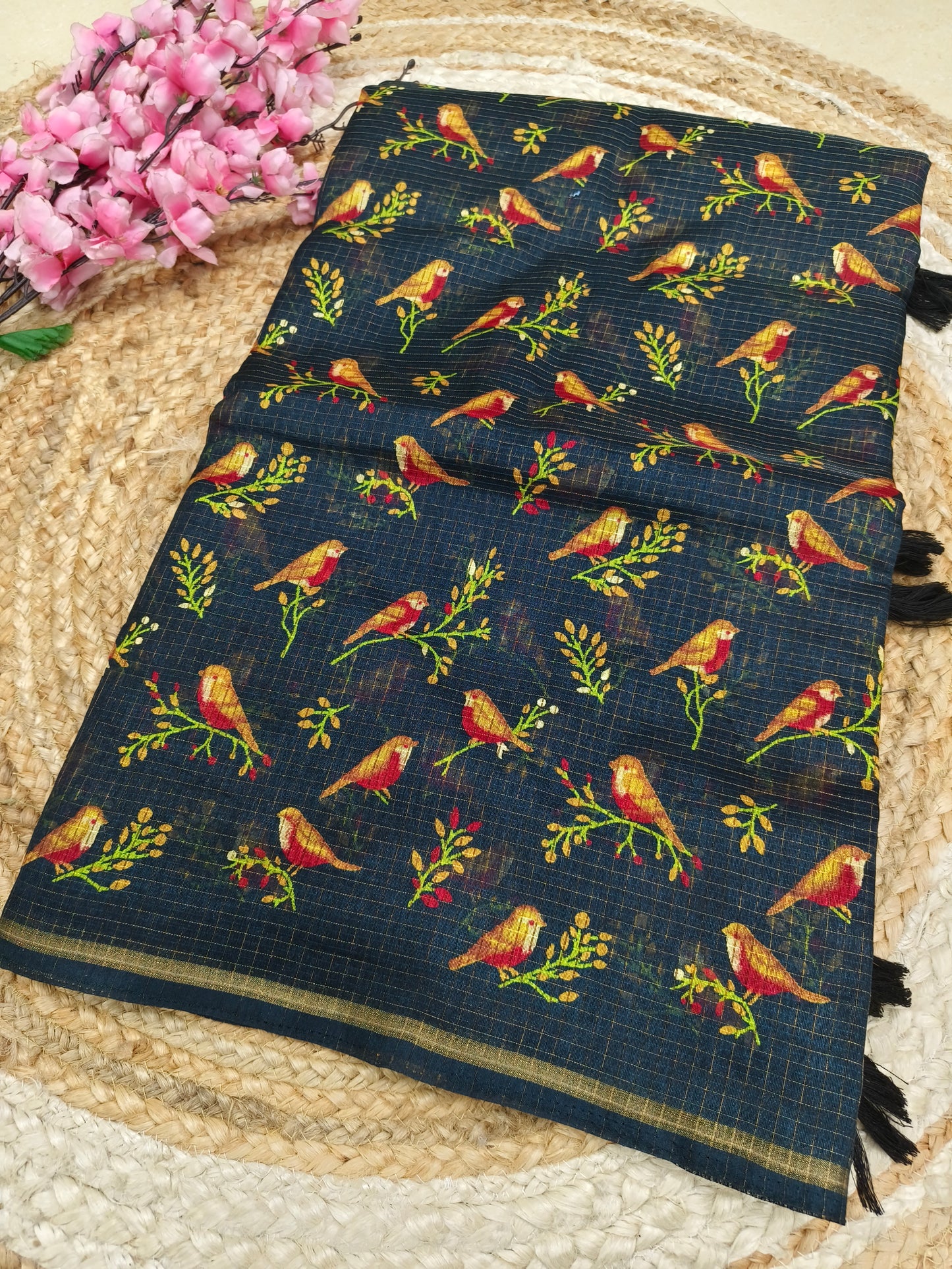 Elegant Black sparrow Print Kota Silk Saree