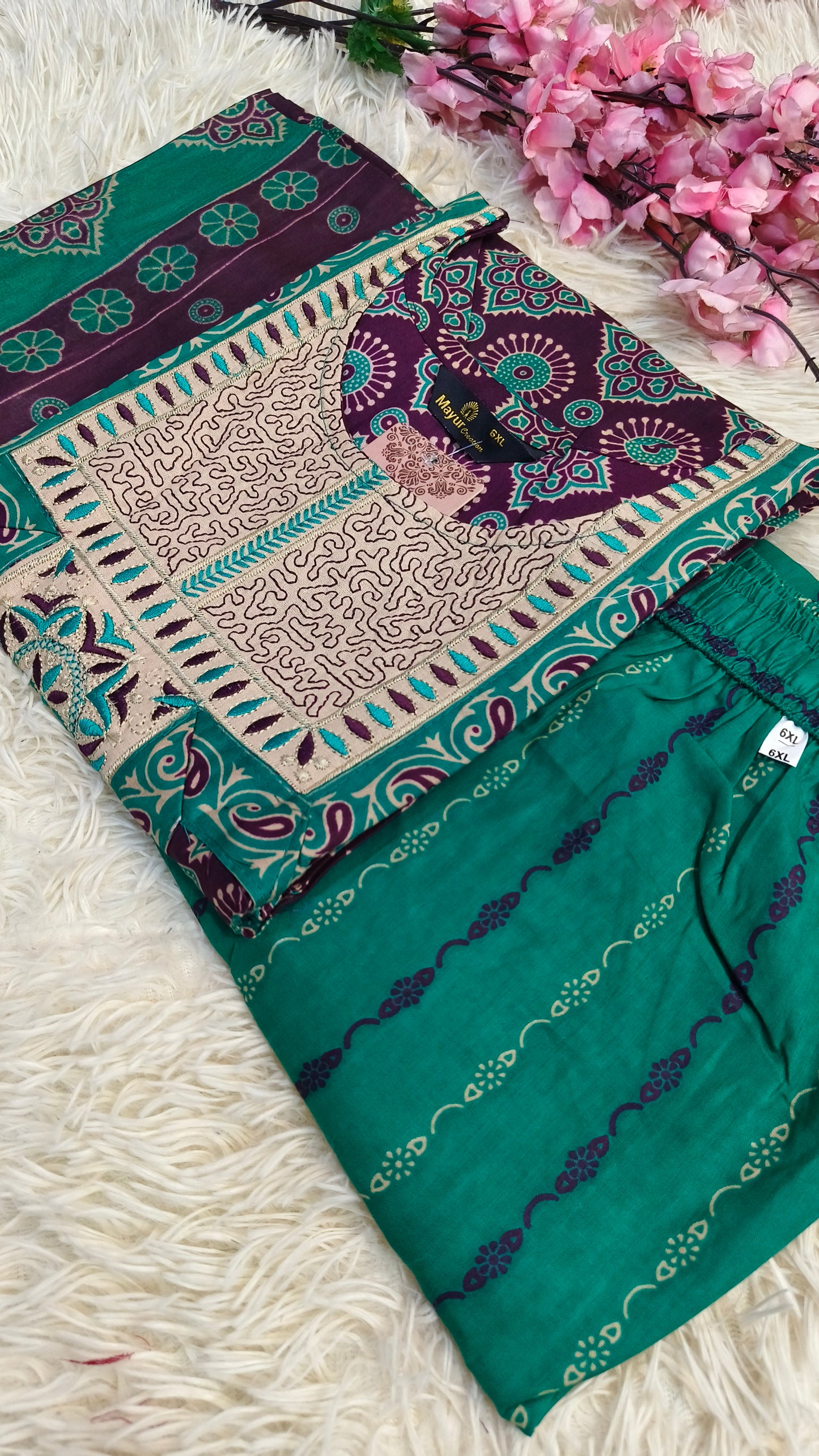 Green with Wine  Pure cotton straight cut Suit