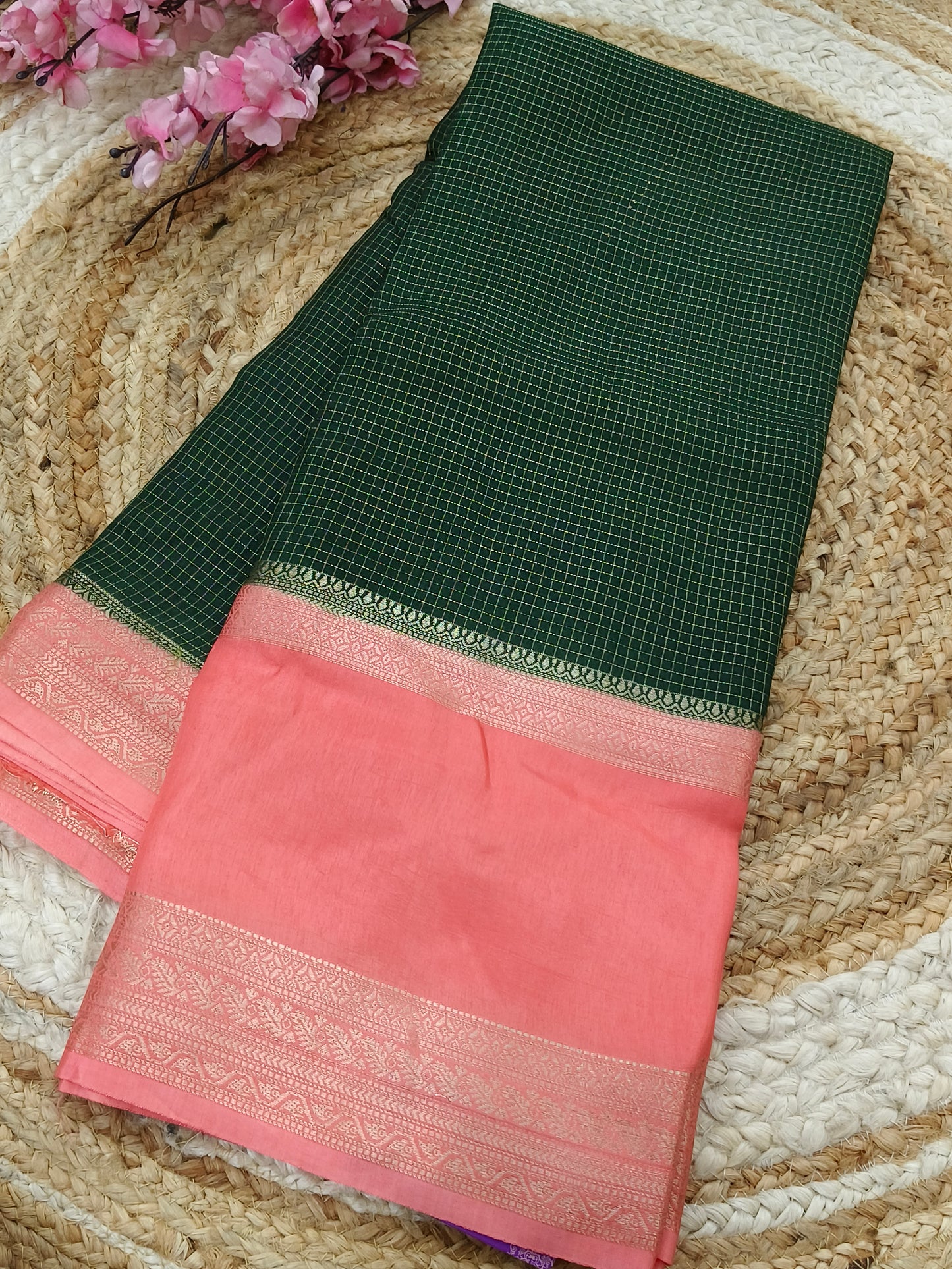 Bottle green with peach  viscose silk saree