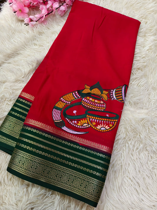 Red With Green Semi Mysore crepe Silk saree