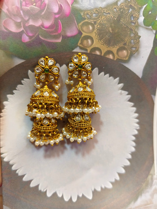 Antique pearl beads with white stone  jhumka