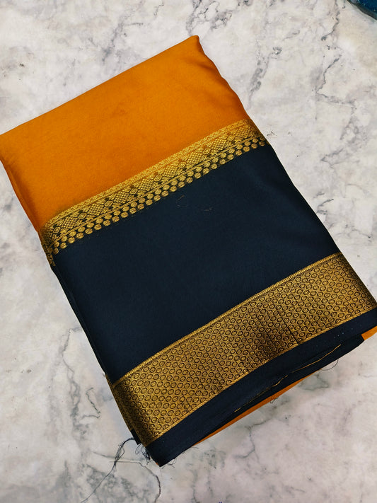 MUSTARD YELLOW WITH BLACK  SEMI MYSORE CREPE SILK