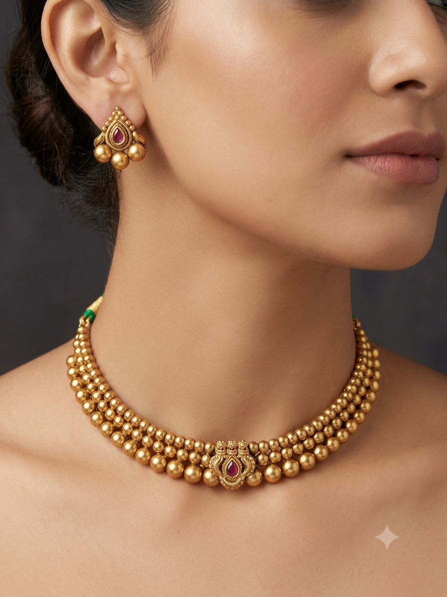 Antique Matte Gold & Ruby Cluster Choker Necklace Set