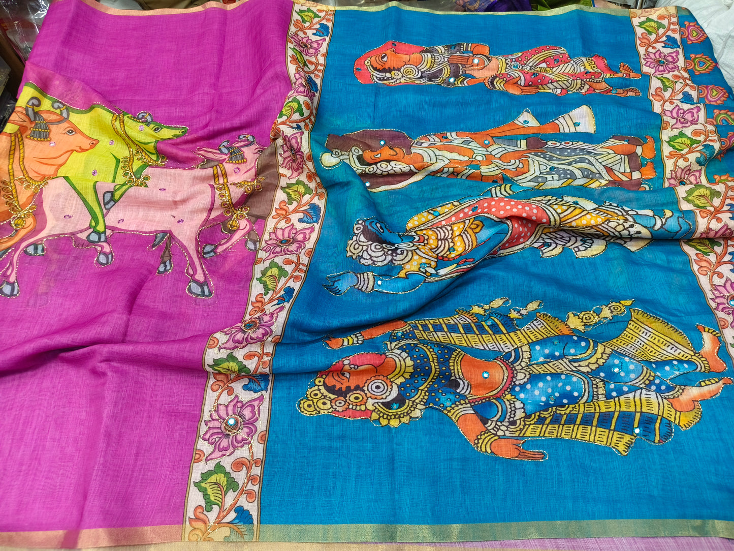 Pink with teal Blue Linen cotton Kalamkari saree