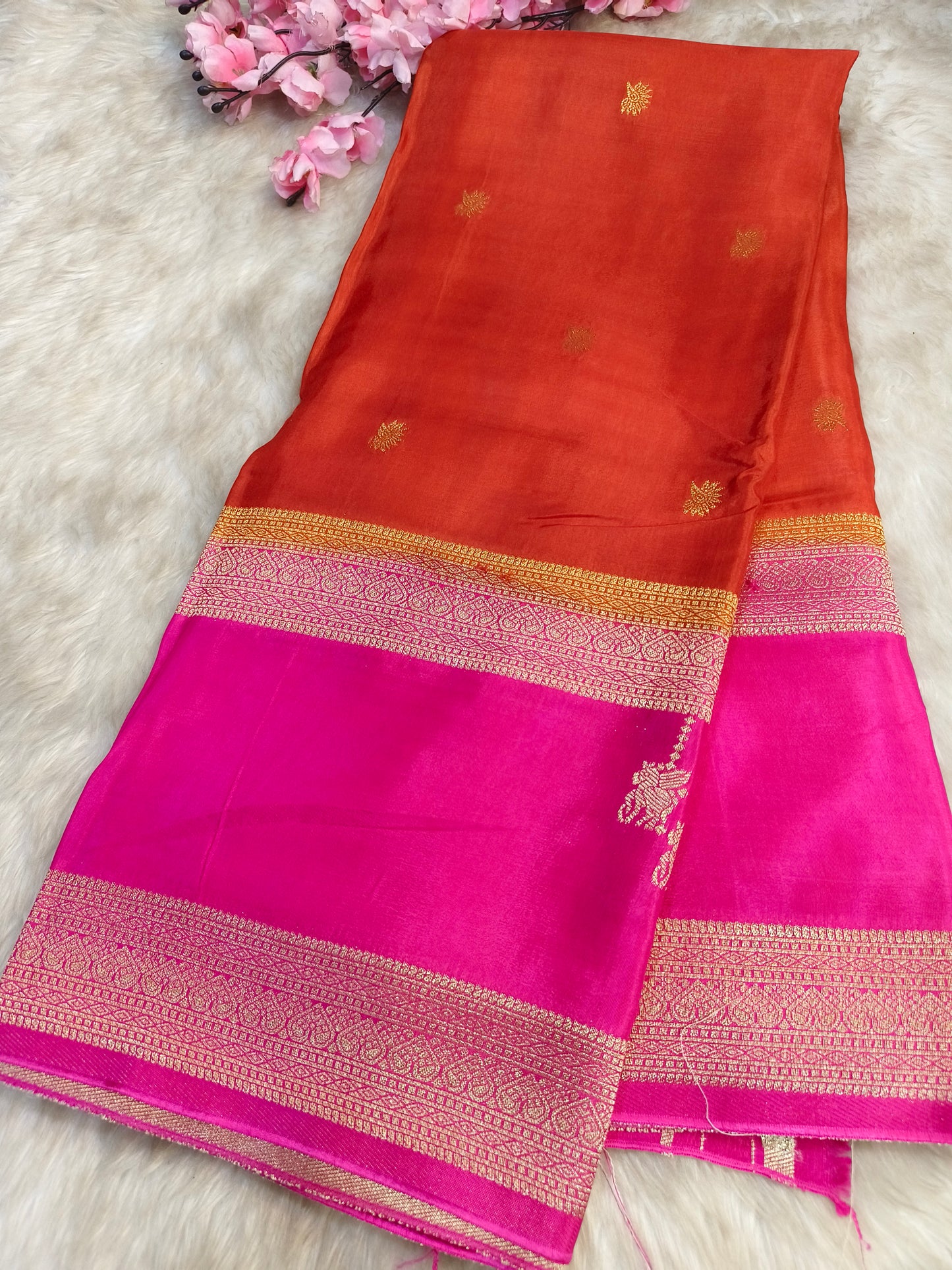 Orange with pink Munga silk saree